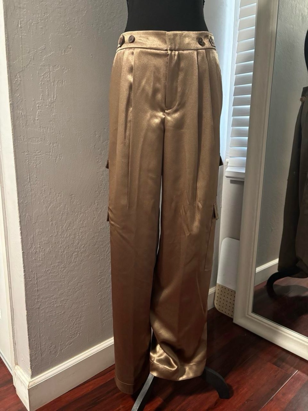 Satin High-Waist Wide-Leg Pants in Metallic Gold